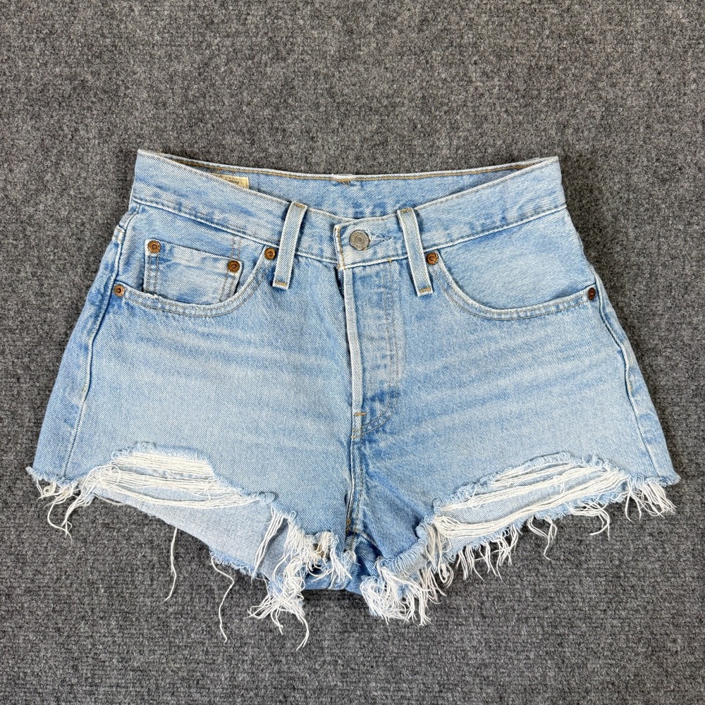 Levis Premium Womens 501 Jean Shorts Size 24 Button Fly Distressed Cut Off